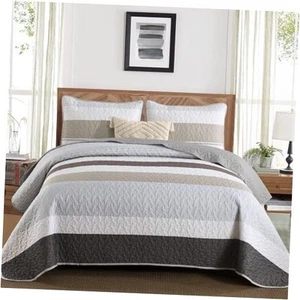 Grey Boho Quilt Set Queen Size,Spring Gray Bedding Sets Striped Patchwork - Picture 1 of 7