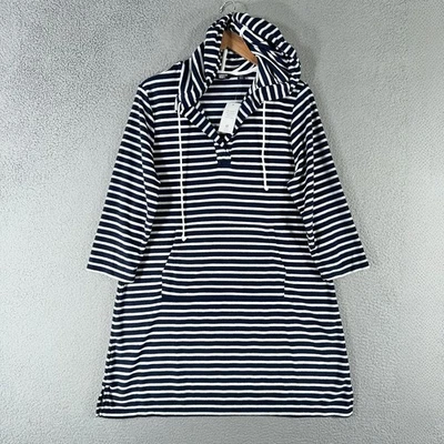 Maiô Lands End feminino médio azul marinho listrado branco com capuz vestido terry - Imagem 1 de 4