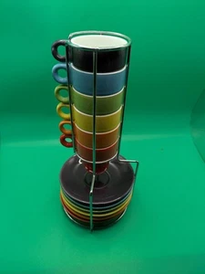 Pier1 One- Multi Color Stacking Espresso 6 Cup/Saucer Set W/Stand - Picture 1 of 6