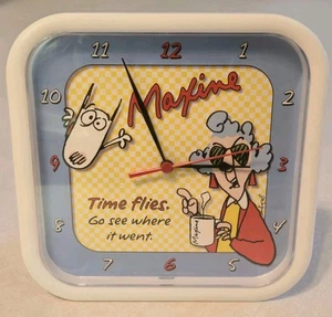 Vintage Maxine Kunststoffuhr "Die Zeit fliegt. Go See Where It Went" 10"x10" getestet funktioniert - Bild 1 von 4