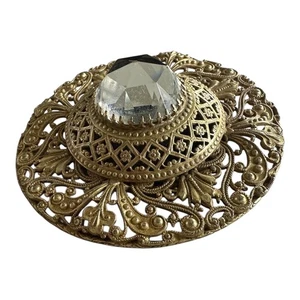 Huge Antique Brass Filigree Button Faceted Glass Center ~ Pat. Apr  04 ~ Fashion - Picture 1 of 3
