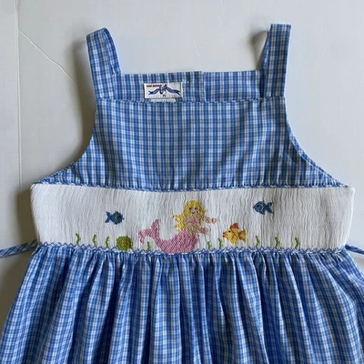 Hand Smocked Silly Goose Dress Size 5 Mermaid Fish Blue Checked Jumper EUC Girls - Image 1 of 4