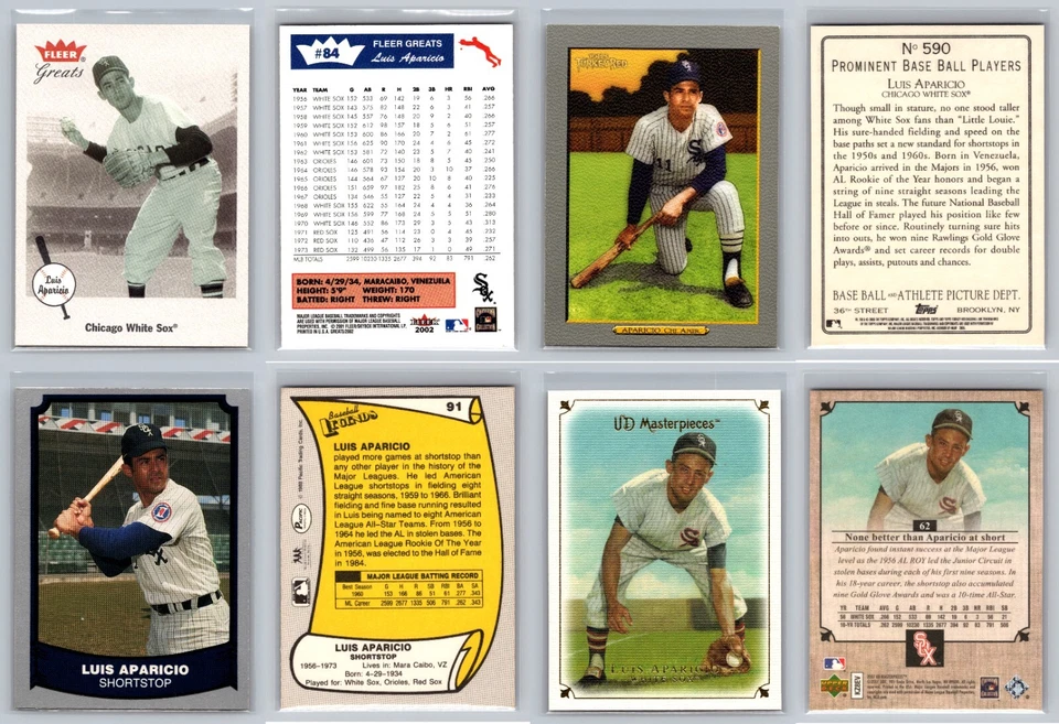 Lote de 4 tarjetas Luis Aparicio - Medias Blancas de Chicago Orioles Medias Rojas de Boston Salón de la fama Foto 1 de 1