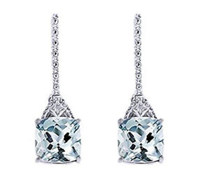 Aquamarine & Natural Diamond Dangle Earrings 14K Gold Plated Silver
