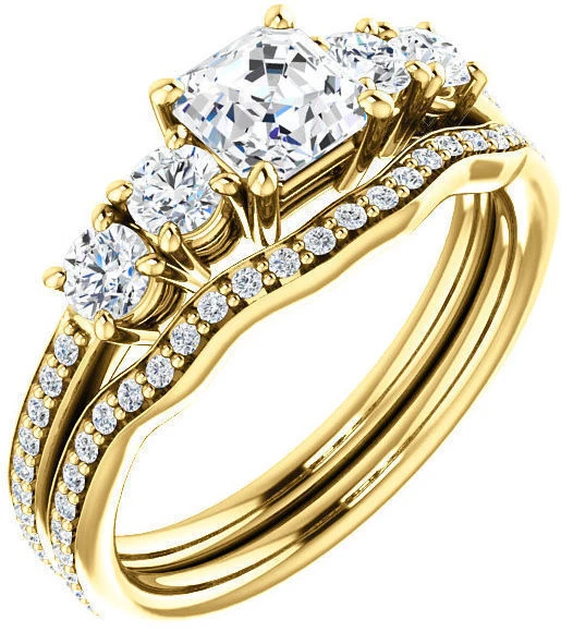 Anillo de compromiso de oro amarillo de 14 k con halo de diamantes redondo y Asscher de 1,53 quilates y 5 piedras Foto 1 de 1
