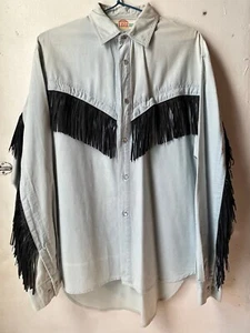 Vintage Wear IOU Daily Pale Denim Dark Suede Fringe Western Pearl Snap Shirt - Picture 1 of 4