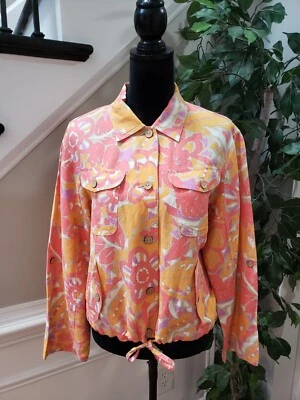Ruby Rd. Women's Multicolor Floral Linen Long Sleeve Button Front Jacket Size 14 - Image 1 of 4