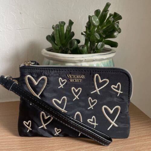 Victoria's Secret Love Embroidered Hearts Wristlet Pouch With Zip Top Black Gold