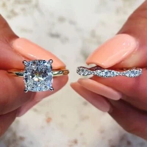 3CTW Cushion Cut Moissanite Wedding Bridal Ring Set 14k Multi Tone Gold Plated - Picture 1 of 11