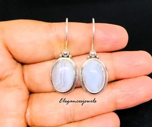 Blue Lace Agate Gemstone Earring 925 Sterling Silver Handmade Jewelry - 1.50" - Picture 1 of 2