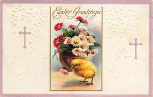 Cruces postales de Pascua en relieve de 1910, canasta de pollitos y flores saludos E184 - Imagen 1 de 2