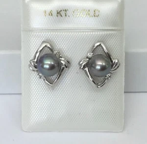 Black Cultured Pearl & Diamonds Solid 14K White (or Yellow ) Gold Earrings NEW - Picture 1 of 12