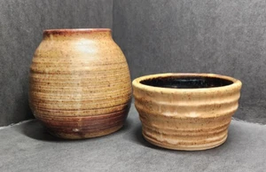 2 Studio Art Pottery Glazed Brown Stoneware Bowl & Vase Both Signed Nice! - Imagen 1 de 8