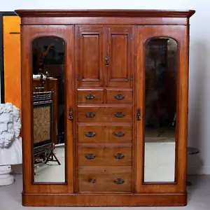 Antique Wardrobe Triple Mirrored Compactum Victorian Mahogany Walnut - Picture 1 of 11