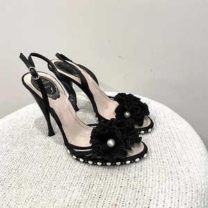 Rene Caovilla Women's 39 = US 9 Pearl Ruffle Embellished Slingback Heels Black - Picture 1 of 12