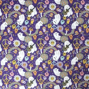 Polycotton Digitally Printed Fabric Halloween Disco Ghosts Peace Sign 112cm Wide - Picture 1 of 4