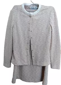 Vtg 70's Leslie Fay Suit 2pc Beige Pointelle Sweater Jacket Straight Skirt S/M - Picture 1 of 9