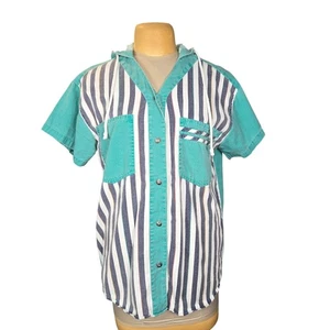 Vintage 80s 90s Teez Me Hooded Shirt L Button Front Striped Retro Surf Skater  - Picture 1 of 10