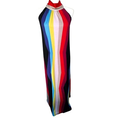 JUDITH MARCH Small Rainbow Stripe Long Maxi Dress Halter Backless Lined Colorful - Image 1 of 4