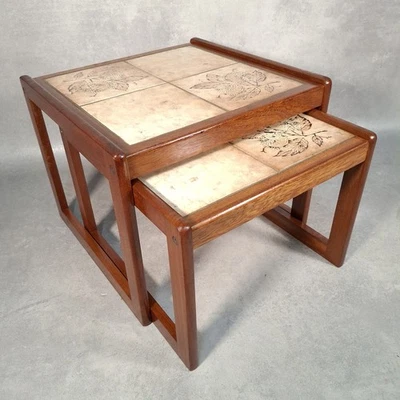 Mid Century Vintage Teak Nest of Two Tables - 1970s Floral Tiled Top - Image 1 of 4