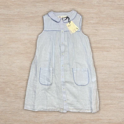 Vestido Zara infantil novo com etiquetas colarinho azul linho botão para baixo meninas tamanho 13-14Y novo em folha - Imagem 1 de 4