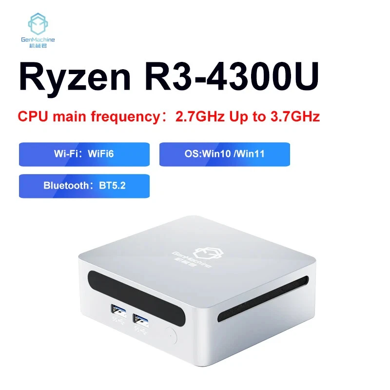 GenMachine New Mini PC AMD Ryzen 3 4300U CPU Windows 10/11 Up 3.7GHz DDR4 32GB - Image 1 of 4