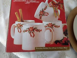 VTG K-Mart Poinsettia & Ribbons 4 pc Fine Porcelain Holiday Mug Set - Picture 1 of 5