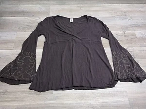 Prana Women Brown Long Sleeve Top Blouse Peasant Boho Fairy Size L Bell Sleeves - Picture 1 of 9