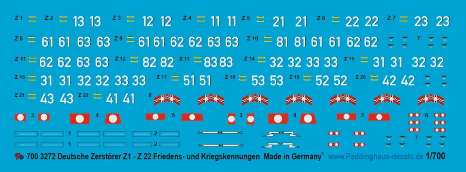 Peddinghaus-Decals 1/700 3272 Tedesco Cacciatorpediniere Z1 - Z 22 Pace E - Immagine 1 di 1