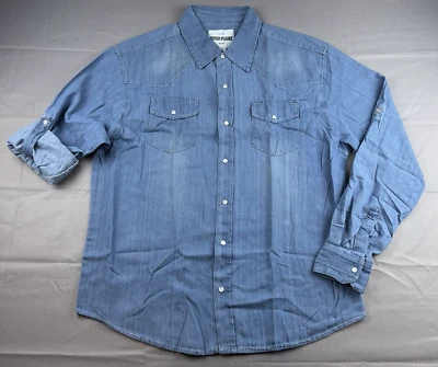 Ditch Plains Shirt Mens XXL Blue Chambray Pearl Snap Roll Tab Medium Wash Cowboy - Image 1 of 4