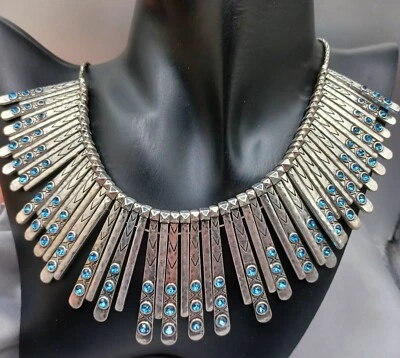 Lucky Brand Bib Necklace Egyptian Style Silver Tone Blue Rhinestones New w/Tag - Image 1 of 4