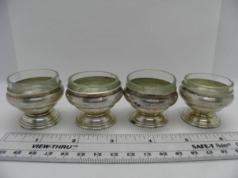 4 SIAM PURE COIN SILVER PEDESTAL BASE OPEN SALT CELLARS SANDWICH GLASS LINERS! Cover