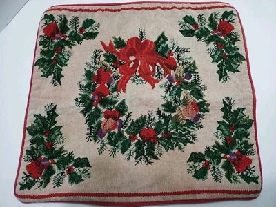 Vintage Christmas Tapestry Wreath Pillow Cover Zip 16x16 Taupe Red Trim Holly - Image 1 of 4