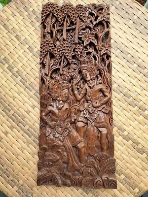 Wooden Plaque Antique Rama & Sita Hand-Carved Balinese 3D Wall Art Rare - Image 1 of 4
