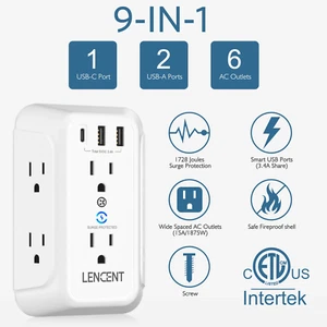 3-Sided Outlet Expander, Surge Protection, USB Wall Charger w/ 1 USB-C & 2 USB-A - Picture 1 of 7