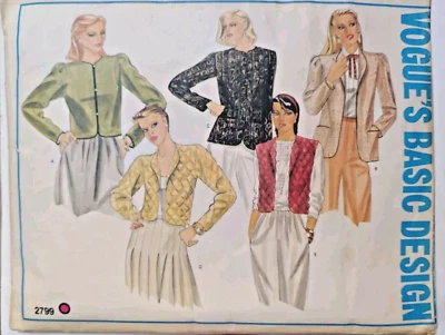 Vest Quilted Blazer Jacket 8 Basic Design Vogue 2799 Sewing Pattern VTG Cut - Image 1 of 4