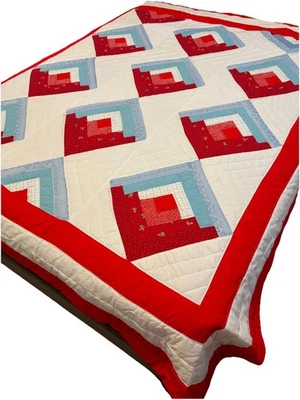 AMISH QUILT HANDMADE Vtg  LOG CABIN PATTERN 89x80 Gorgeous Red White Pale Blue - Image 1 of 4
