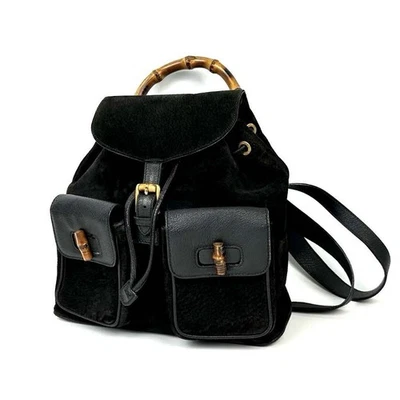 Gucci Mochila Bambú Negro Gamuza Cuero Mochila Vintage Auténtica Foto 1 de 4