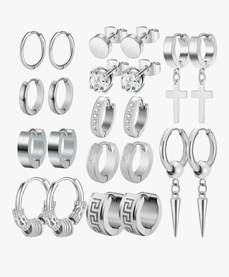Men Earrings,  11 Pairs Stainless Steel Small Hoop Earrings Cross Dangle Earring - Image 1 of 4