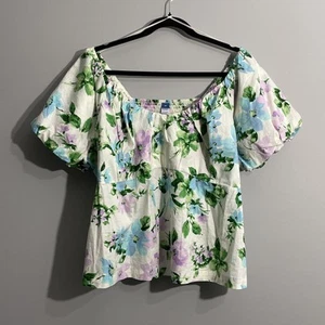 Old Navy Women's Ivory Green Purple Floral Puff Sleeve Top XXL NWT - Picture 1 of 9