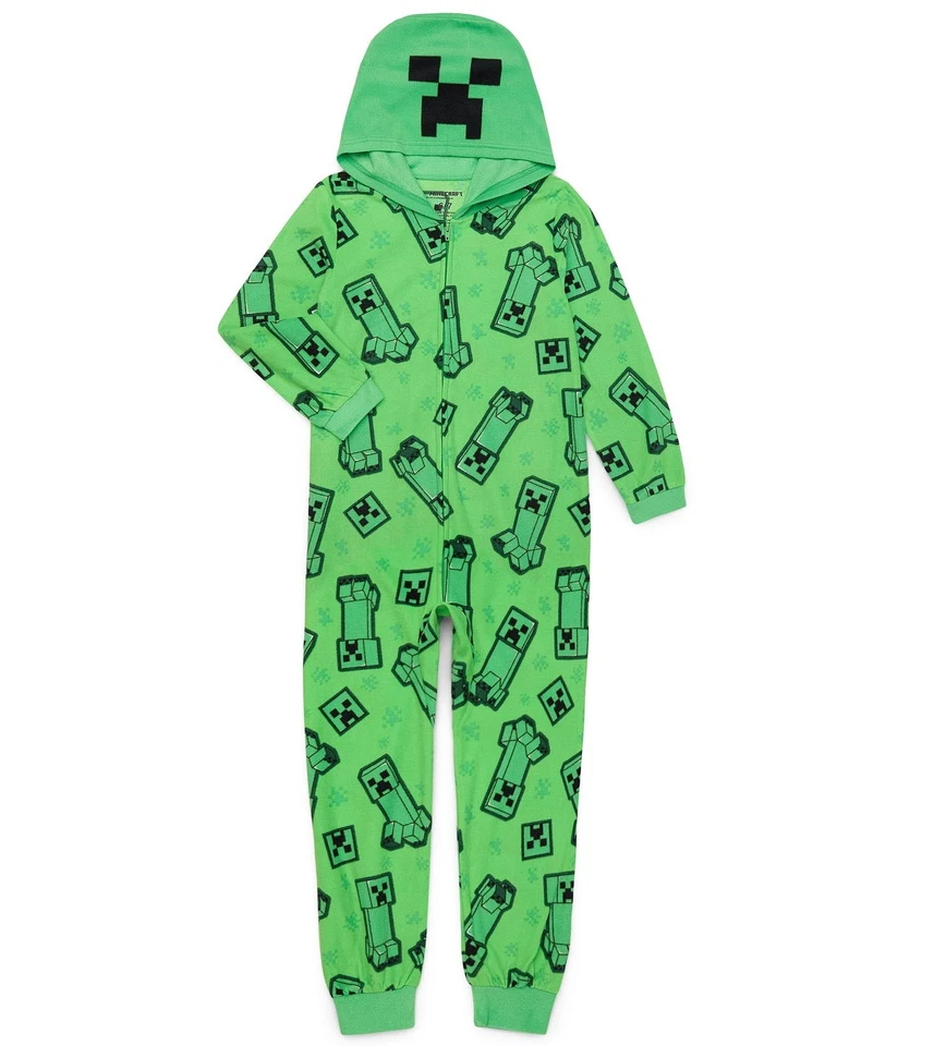 Minecraft CREEPER Boys Hooded Union Suit Pajamas XSMALL XS 4/5 HOODIE Green