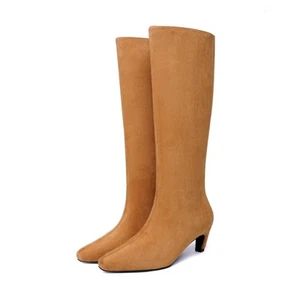 Beauty Cry Suede Brown Knee High Boots Women Square Toe Low Kitten Heel Tall ... - Picture 1 of 9