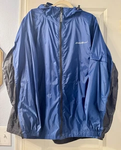 Eddie Bauer Vintage Windbreaker/Regenjacke mit Kapuze Herren Large Full Zip blau schwarz - Bild 1 von 9