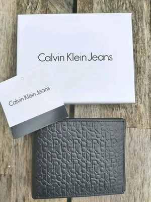Genuine CALVIN KLEIN Black Leather COIN POCKET LOGO WALLET Cards Notes BOX Wal1 - Image 1 of 4