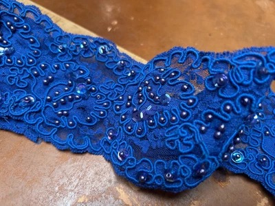 vintage trim soutache scallop hand sewn glass beads sequins 3x25" royal blue - Image 1 of 4