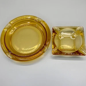 Vintage Amber Glass Ashtrays 8in Round Cigar 4.5in Square - Set of 2 - Picture 1 of 15