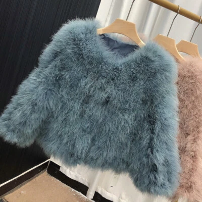 Womens Genuine Ostrich Feather Fur Coat Furry Real Fur Short Jacket Warm Outwear - Image 1 of 4
