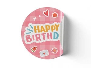 35 x Pink Cute Illustration Happy Birthday Circle Sticker For Part Bags 45mm - Picture 1 of 5