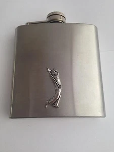 S1 Golfer Pewter Emblem on a 6oz Stainless Steel Hip Flask - Picture 1 of 1