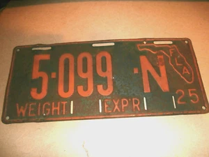 Vintage 1925 Florida Metal License Plate 5-099-N from Mrs B Call Estate - Picture 1 of 6
